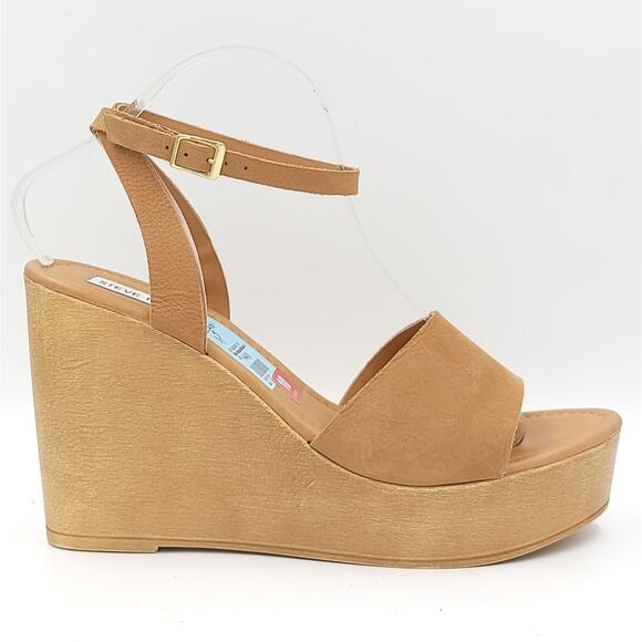 Steve Madden Women Strappy Wooden Wedge Sandals Welsh Size US 10 Camel Nubuck - Picture 2 of 6